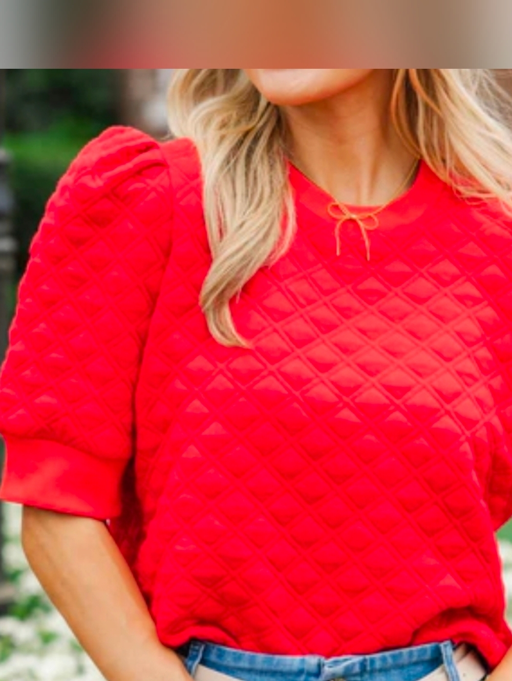 Quilted Puff-Sleeve Sweatshirt - Red